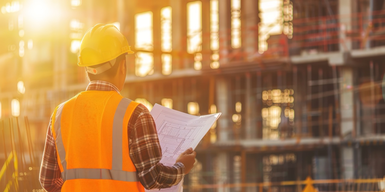A civil engineer in safety gear examines construction blueprints amidst the dynamic backdrop of a bustling worksite.