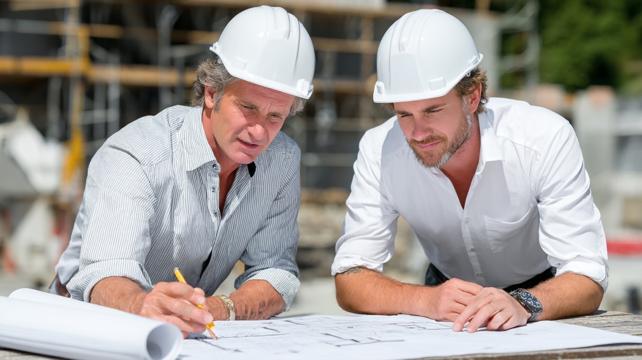 A two civil engineers wearing white safety helmets collaborate on construction site plans, focusing on blueprints with teamwork and concentration, outdoor building project background