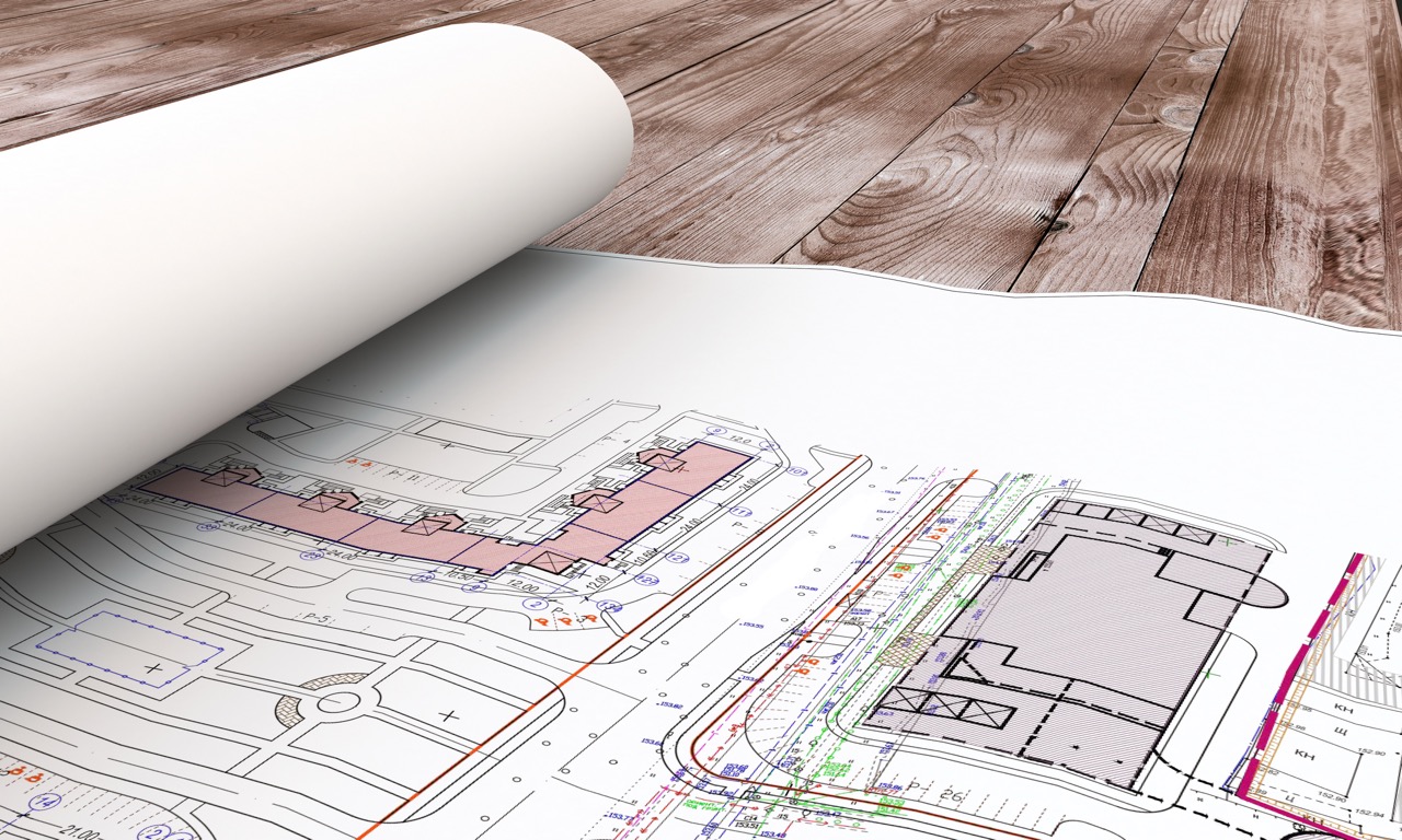 Blueprint plan on table close-up